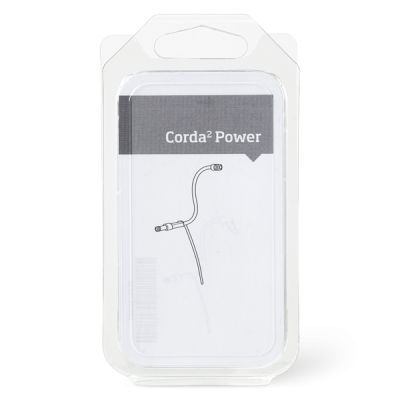 The Corda 2 Power retail package features a simple line drawing of its coiled cable accessory on the white and gray front.