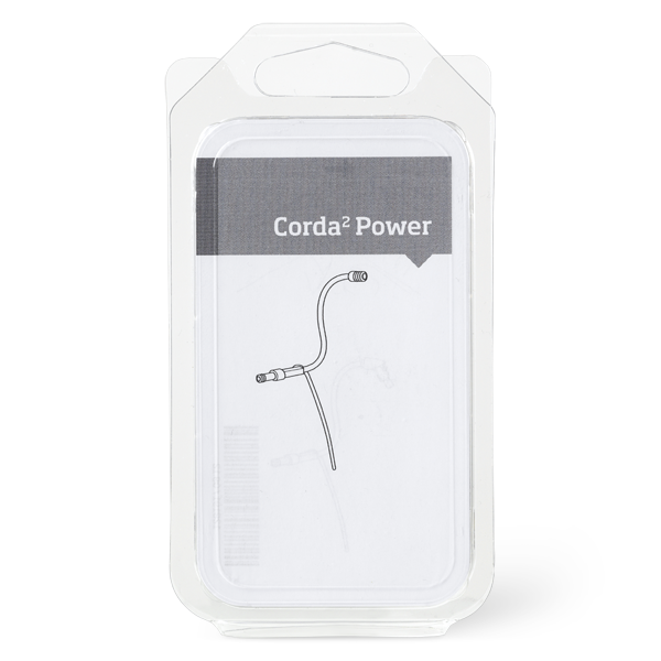 The Corda 2 Power retail package features a simple line drawing of its coiled cable accessory on the white and gray front.