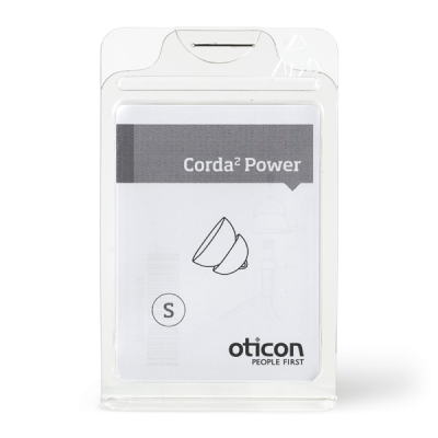 A clear plastic pack containing Corda 2 Power Dome (size small) and Oticon Corda² Power hearing aid tubes, featuring a simple product illustration and the Oticon People First logo on the front.