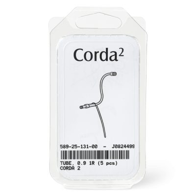 A clear plastic package labeled Corda 2 Tube 0.9 contains five tubes, displays a simple line drawing of a bent tube with connectors, and has a barcode and product details printed at the bottom.