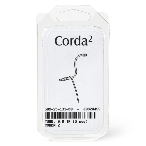 A clear plastic package labeled Corda 2 Tube 0.9 contains five tubes, displays a simple line drawing of a bent tube with connectors, and has a barcode and product details printed at the bottom.