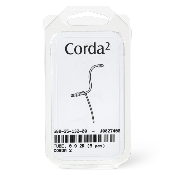 A clear plastic package labeled "Corda 2 Tube 0.9" contains five thin medical tubes, featuring product details, a barcode, reference numbers, and a line drawing on the label for easy identification.