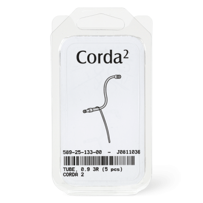 A clear plastic package labeled Corda² holds five Corda 2 Tube 0.9 replacement tubes for a medical device, featuring the product name, code, barcode, and an item illustration on the front.