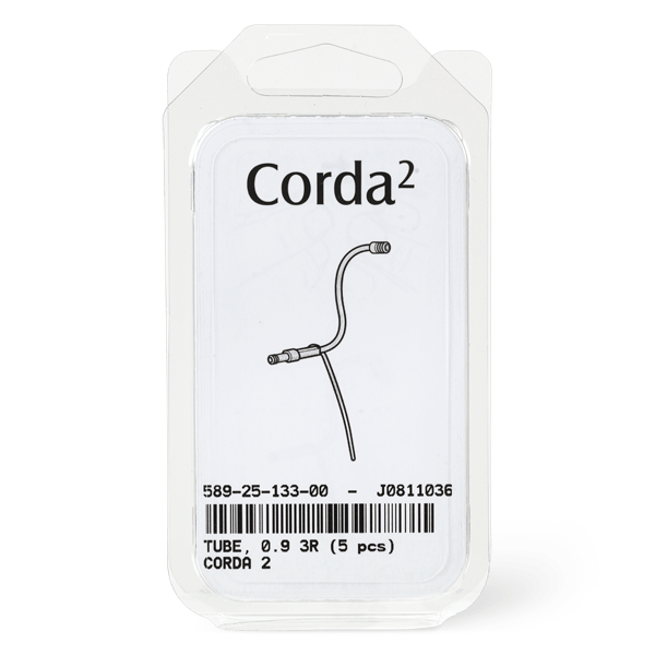 A clear plastic package labeled Corda² holds five Corda 2 Tube 0.9 replacement tubes for a medical device, featuring the product name, code, barcode, and an item illustration on the front.