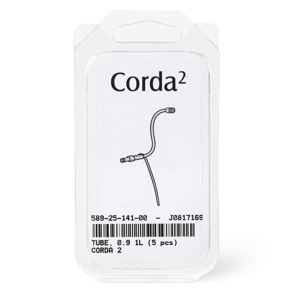 A clear plastic package labeled "Corda 2 Tube 0.9" contains five curved medical tubes, with a barcode, product number, and the description: TUBE, 0.9 1L (5 pcs), for precision in medical applications.