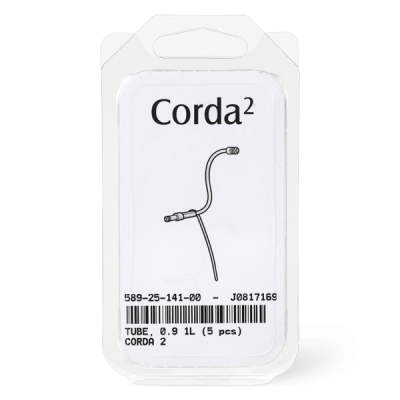A clear plastic package labeled Corda 2 Tube 0.9 contains five flexible tubes. The white label displays a diagram, product numbers, and the description "TUBE, 0.9 1L (5 pcs) CORDA 2.