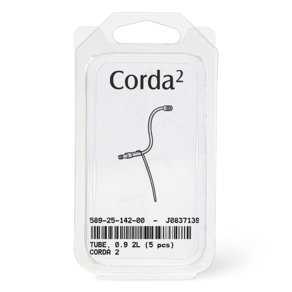A transparent plastic package labeled "Corda 2 Tube 0.9" contains coiled medical tubing, with a simple line drawing of the product and a barcode featuring product details at the bottom.