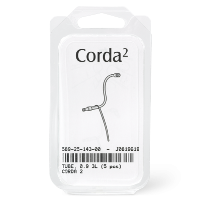Clear plastic packaging contains five Corda 2 Tube 0.9 medical tubes. The label displays a line illustration, the text