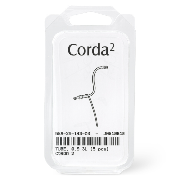 Clear plastic packaging contains five Corda 2 Tube 0.9 medical tubes. The label displays a line illustration, the text "Tube, 0.9 3L (5 pcs)", and item numbers in bold black font.