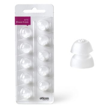 A white blister pack labeled "Oticon RITE Power Domes" contains ten small, dome-shaped domes (Power 5 mm). Two individual tips are displayed beside the pack.