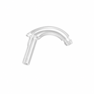Adult Hook T/R, a curved, clear plastic medical airway device with an adult hook.